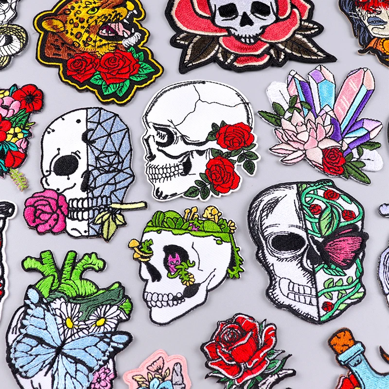 Flower/Skull Patch Punk Animal Embroidery Patch Iron On Patches For Clothing Butterfly Heart Embroidered Patches On Clothes DIY