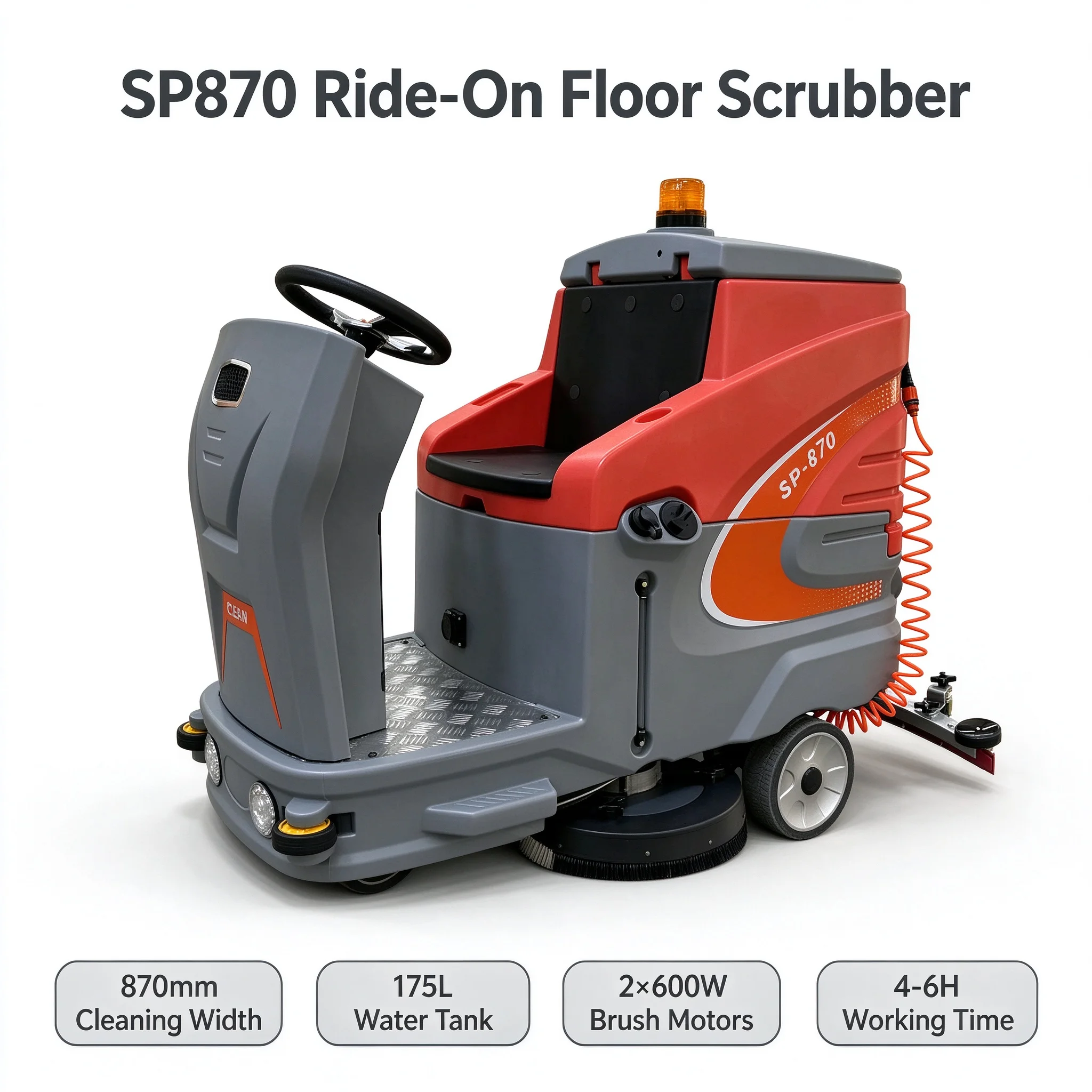 SP870 Industrial Ride-On Floor Scrubber 870mm Dual Brush Electric Floor Washer 6000m²/h Battery Powered Cleaning Machine