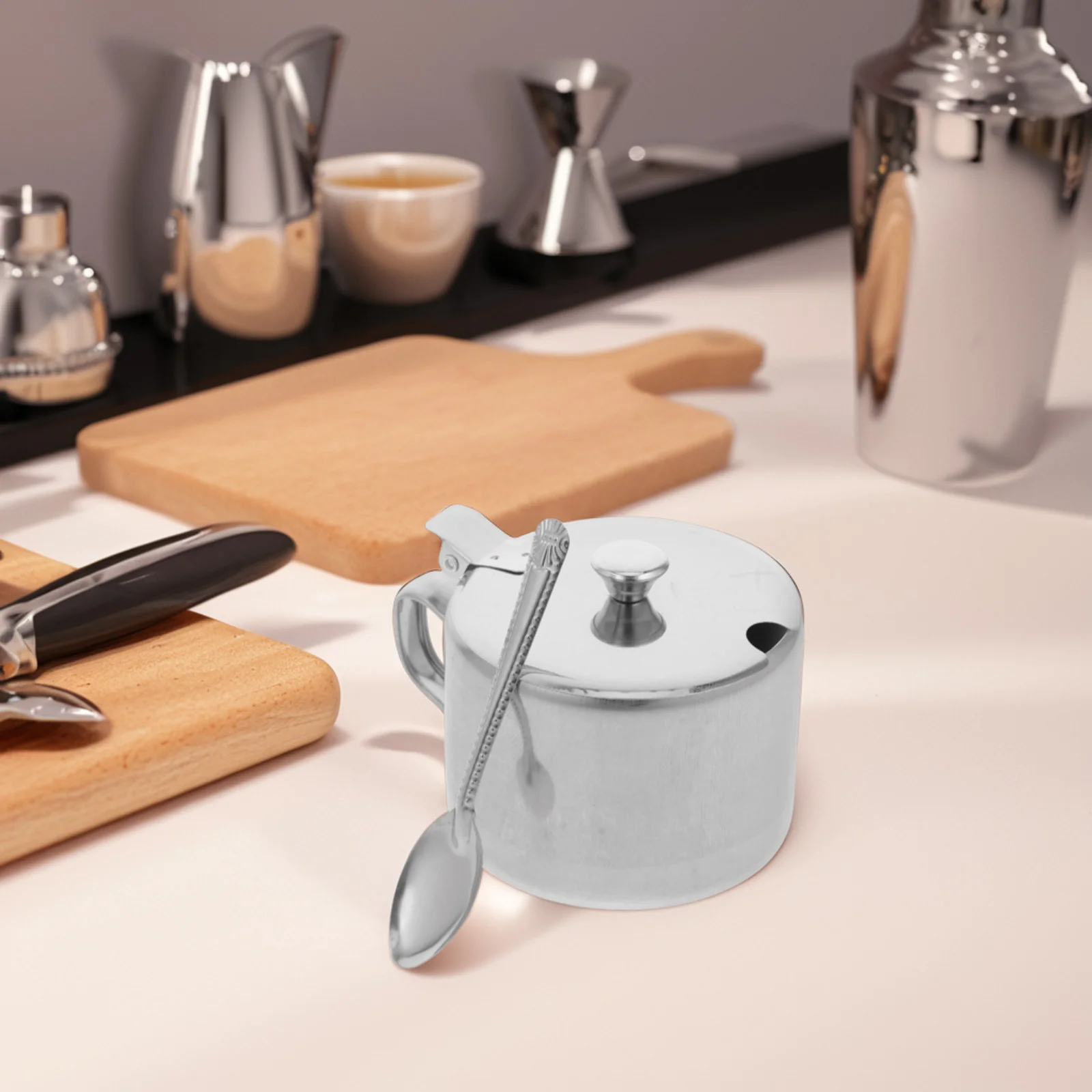 

Stainless Steel Sugar Bowls with Lid Spoon Space Saving Kitchen Salt Pepper Condiment Pot Container for Home Restaurant