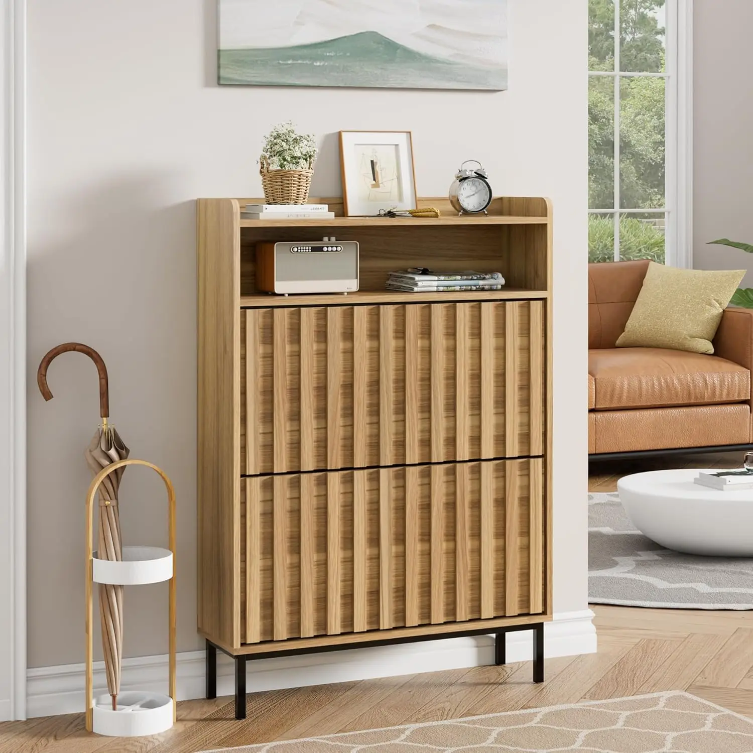 US Overseas Warehouse Mid Century Shoe Organizer Rack Hidden Shoes Storage Cabinet with 2 Flip Drawers for Hallway
