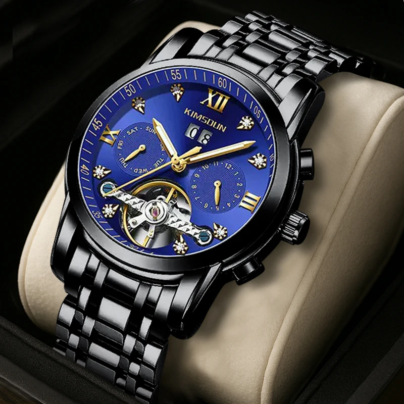 A men's black steel strap business temperament Arabic numerals date display fully automatic mechanical watch