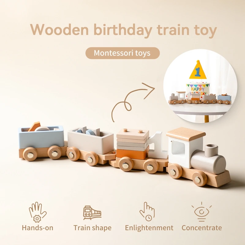0-12Wooden Train Birthday Toy Montessori Toys Baby Educational Toys Wooden Trolley Number Of Wood Baby's Toys Baby Learning Toys