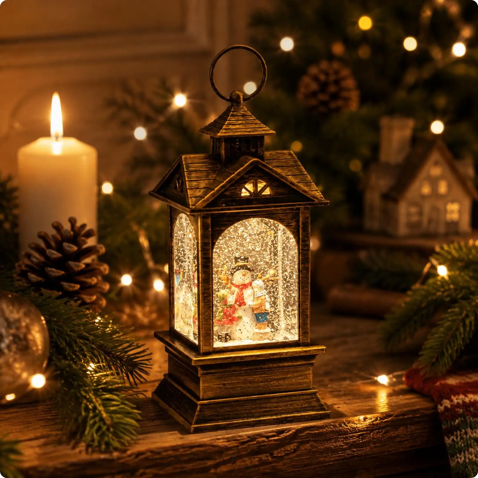 Christmas Music Lantern Night Light Snowman Winter Scene Warm Glow Woodgrain Body Decor for Festive Home Display
