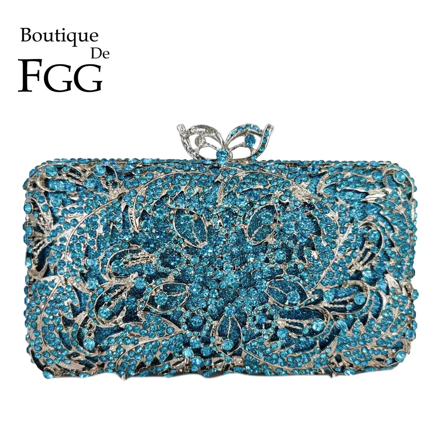 Boutique De FGG Turquoise Blue Women Crystal Clutch Evening Bags Rhinestone Flower Minaudiere Handbags Wedding Party Purse