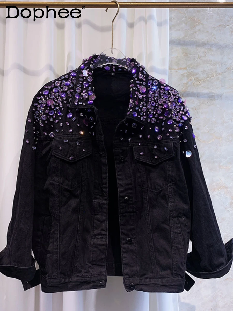 

Purple Sequin Hand-Stitched Pure Cotton Denim Jacket Women Temperament Lapel Single Breasted Long Sleeve Jeans Jacket Outer Wear