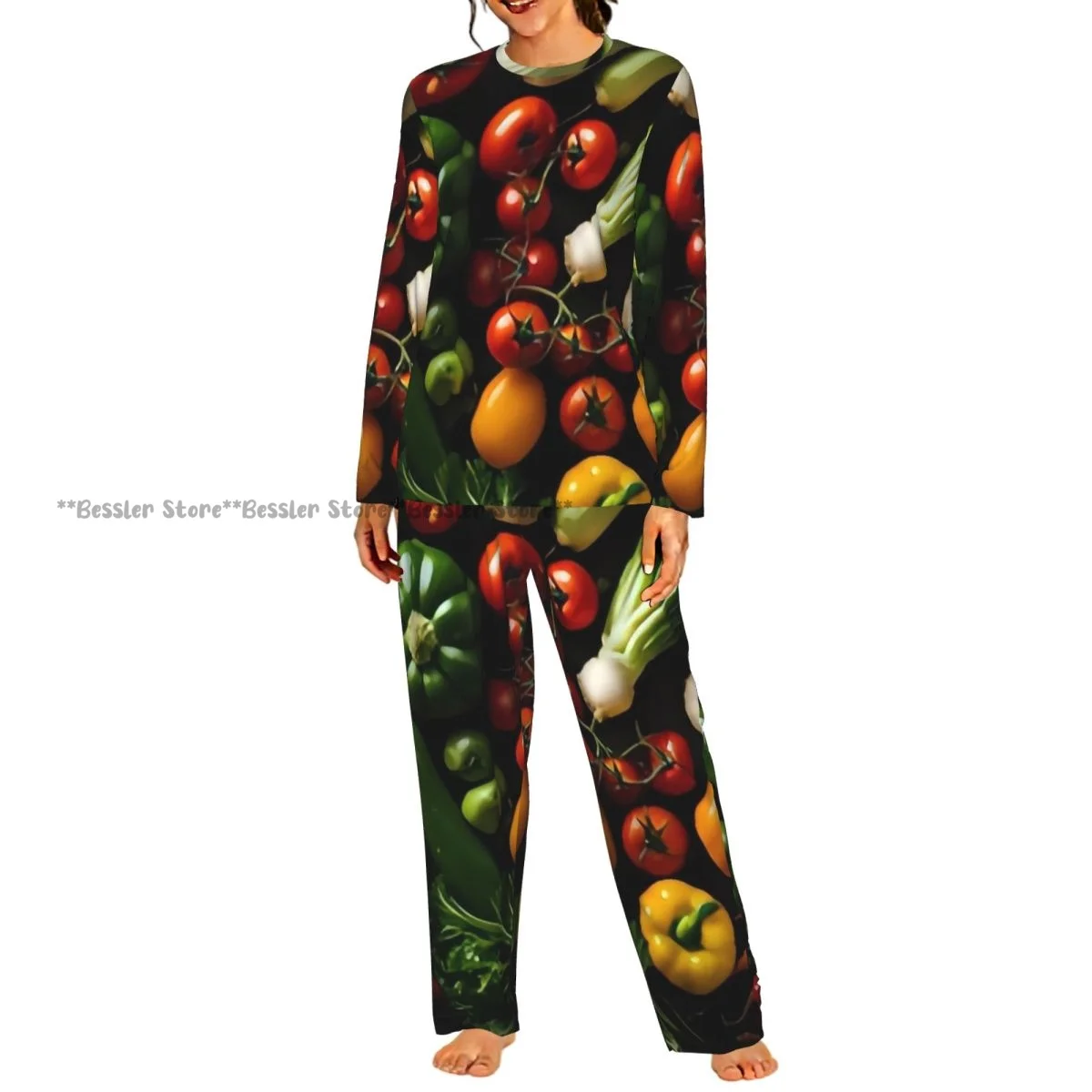 2 Piece Loungewear Women Pajama Sets Vegetables Featuring Broccoli Tomatoes Peppers Homewear Sleepwear Long Sleeve Nightwear