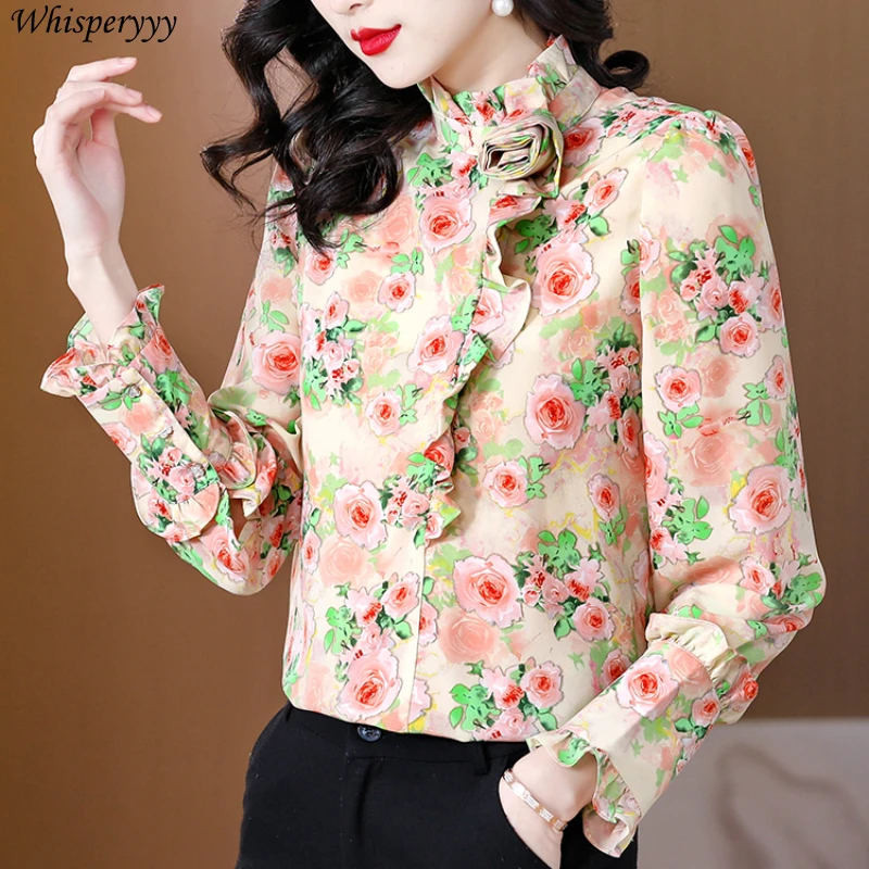 Spring New Retro Rose Shirt Women Temperament Floral Stand-up Collar Shirt Femme Blusas De Chifon Elegantes Long-sleeved Tops