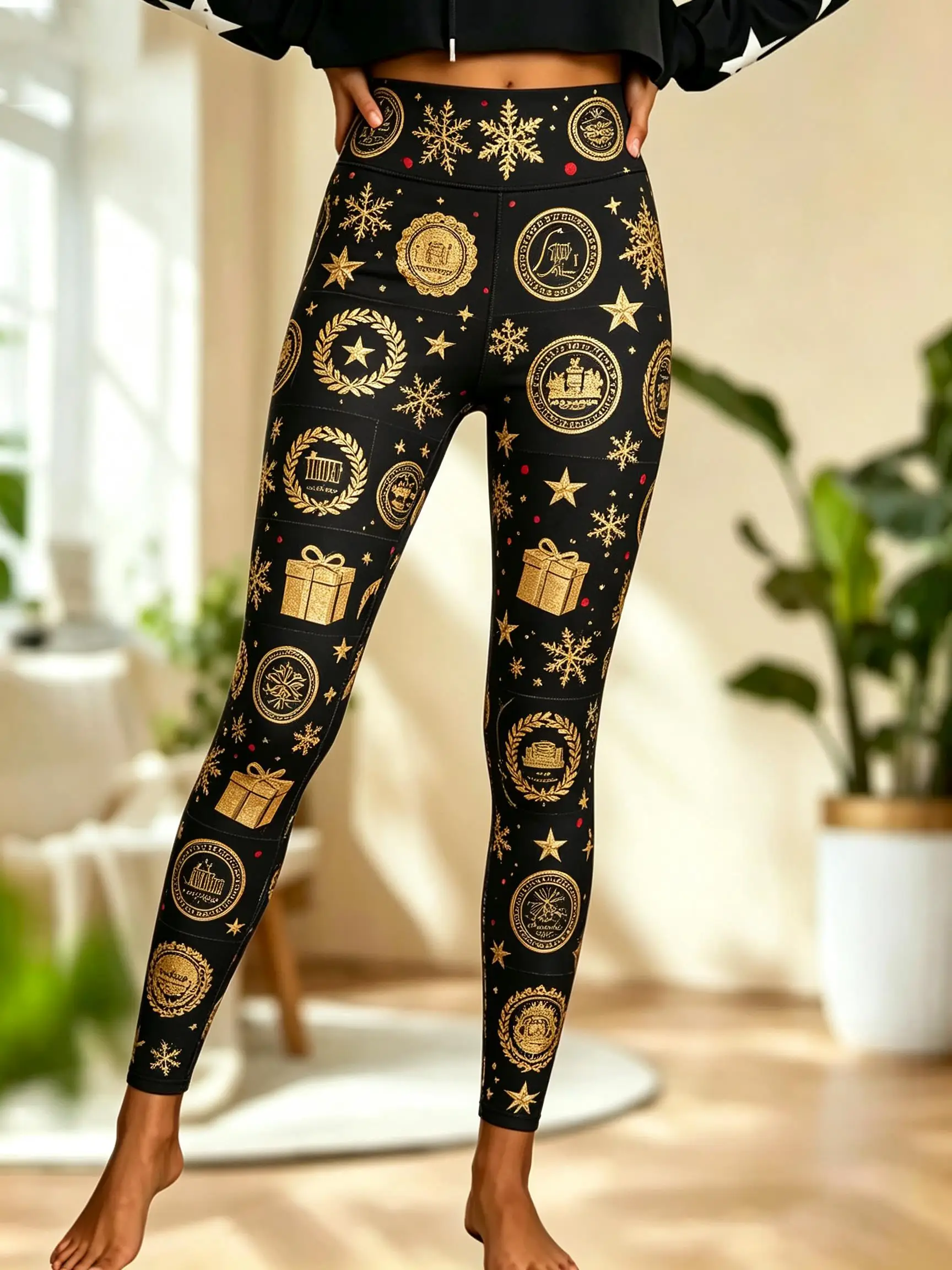 Women Fleece-Lined Mid-Rise Leggings Christmas Patchwork Candy Cane Gift Snowflake Print Slim Warm Pants - view 3