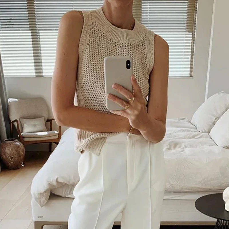 Summer Knitted Tank Top Hollow Out Sleeveless Tanks Camis Vest Women Women Thin Basic Ice Silk Camisoles Tanks Female 14810