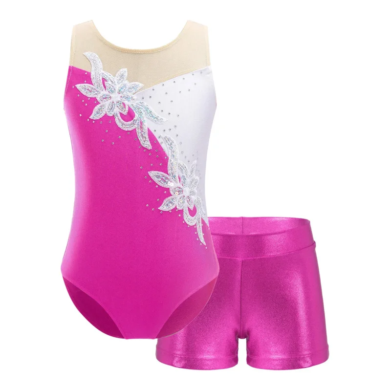 Girls Ballet Dance Leotard Gymnastic Outfit Kids Sleeveless Mesh Shiny Sequin Bodysuit and Shorts for Figure Skating Performance