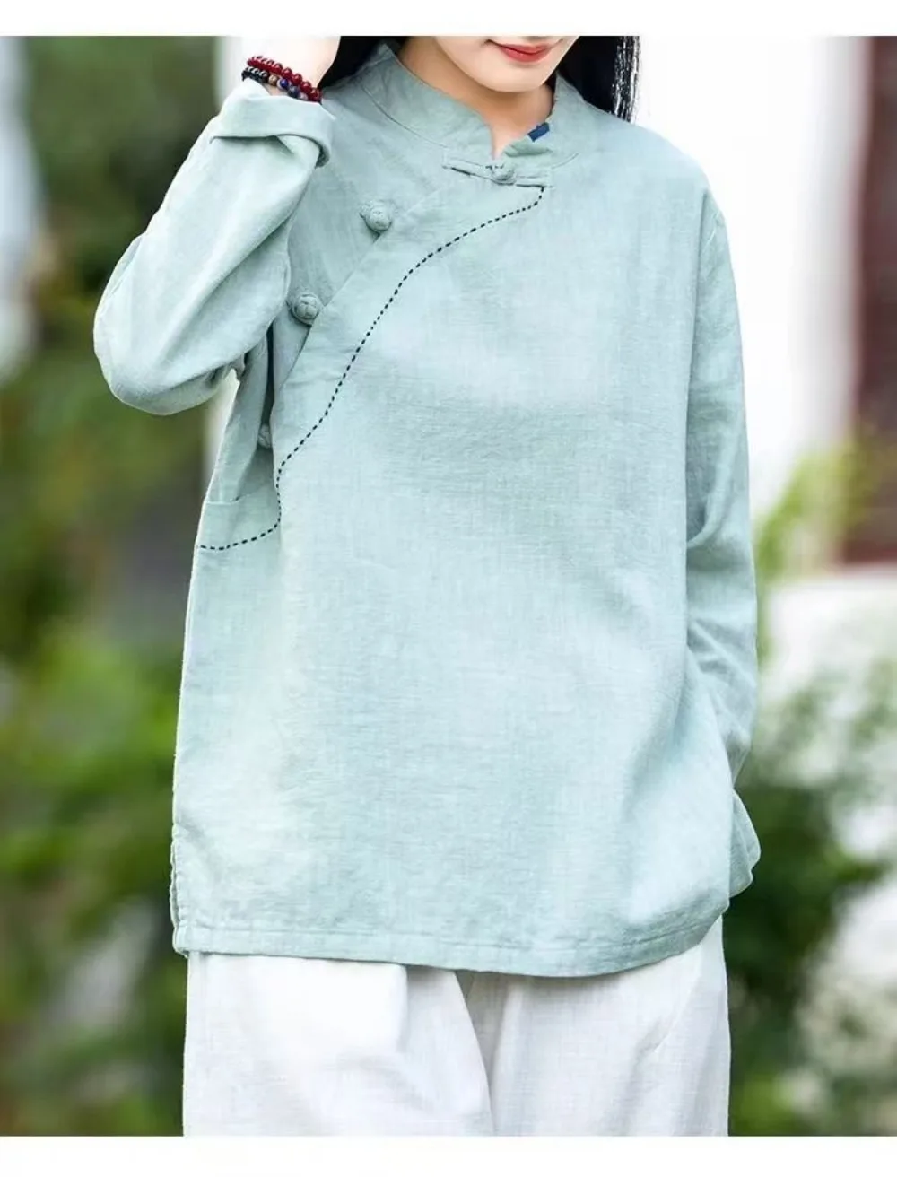 جديد الخريف تي شيرت مع التصميم الصيني للمرأة تنفس السيدات القطن قميص كتان بلوزة الصينية التقليدية Hanfu بلوزة