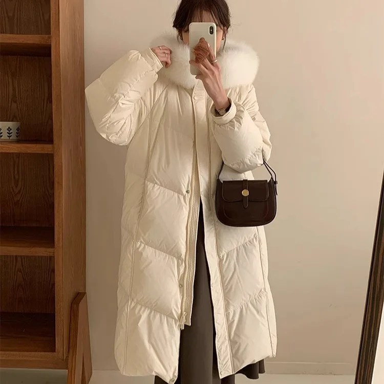 2024 Winter New Korean Edition White Goose Down Jacket for Women, Hooded, Large Hairy Collar, Long, Over Knee, Loose, Thick Coat