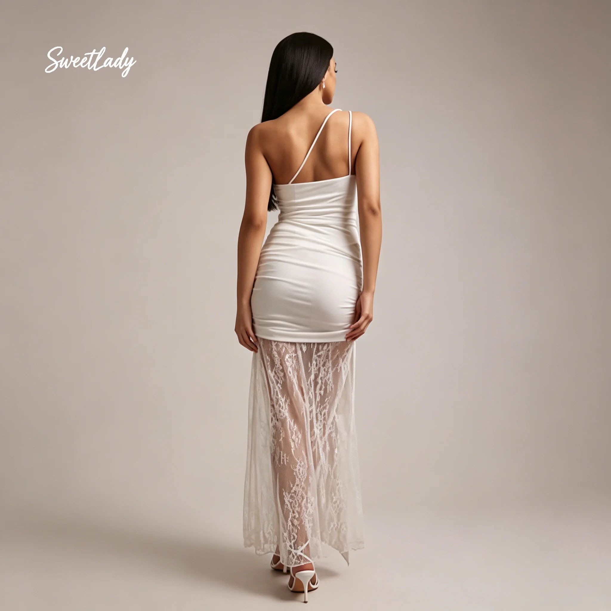 SweetLady One Shoulder Ruched Bodycon Dress Sheer Lace Patchwork Split White Maxi Evening Party Gown