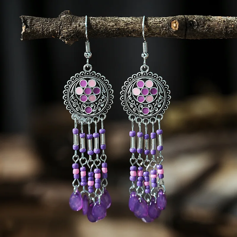 

Purple Seed Bead Water Drop Tassel Earrings for Women Retro Boho Drop Oil Handmade Jewelry Ethnic Style Female Earring