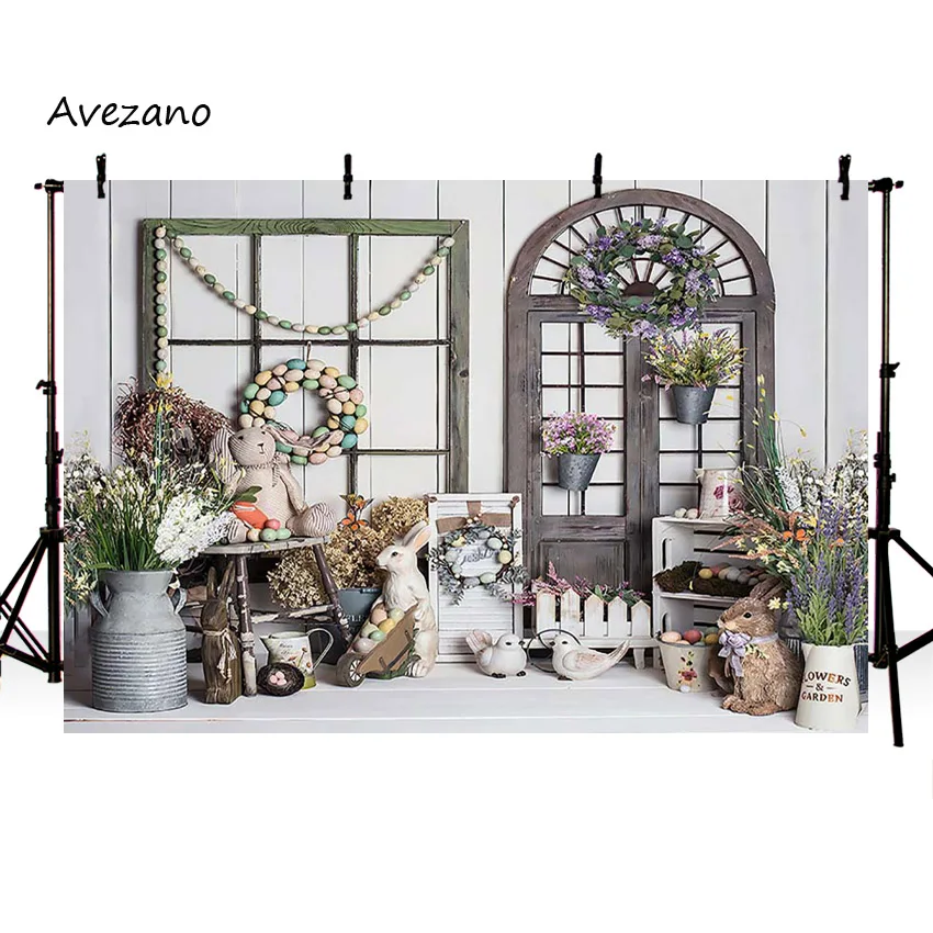 Avezano พื้นหลังสำหรับถ่ายภาพฤดูใบไม้ผลิ Window Landscape Easter Bunny หญ้าสวนทารกแรกเกิดวันเกิด Photo Studio