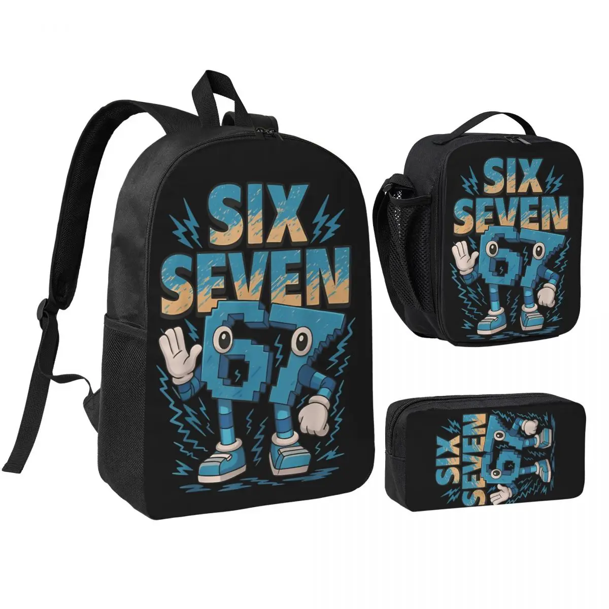 3pecs/set Kids Meme 67 Six Seven 6 7 Italian Brainrot Backpack for Student Laptop Daypack Lunch bag Pencil Case