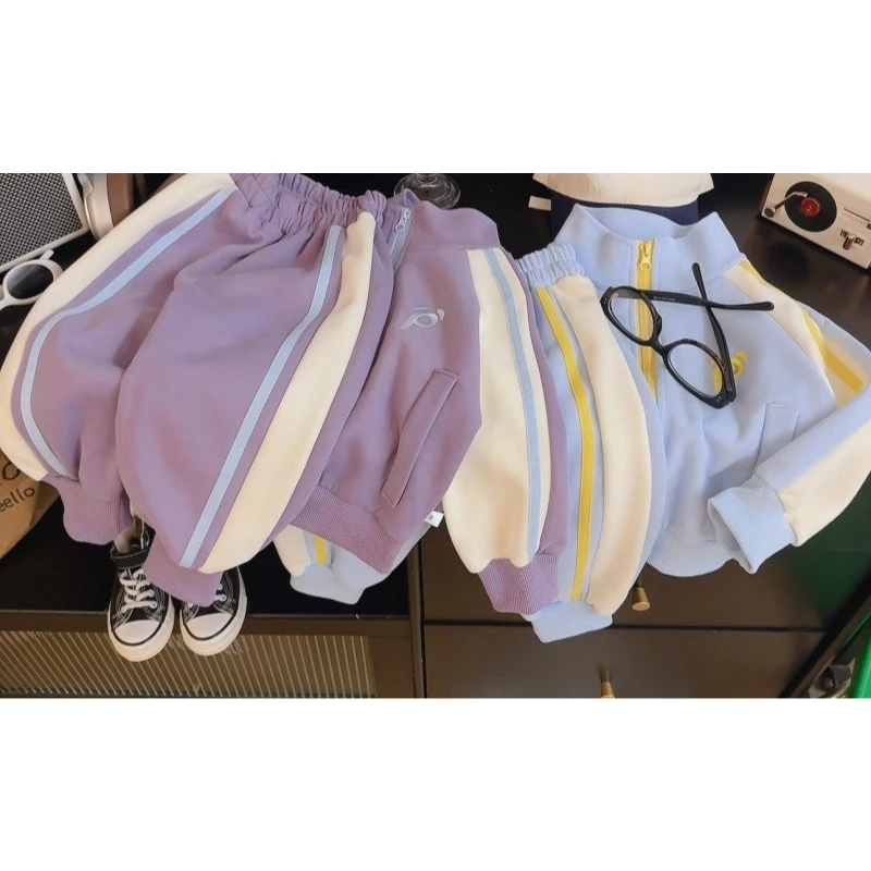 Splicing set 2026 autumn children's clothing set embroidered lazy style casual zipper kids sweater set for girls and boys