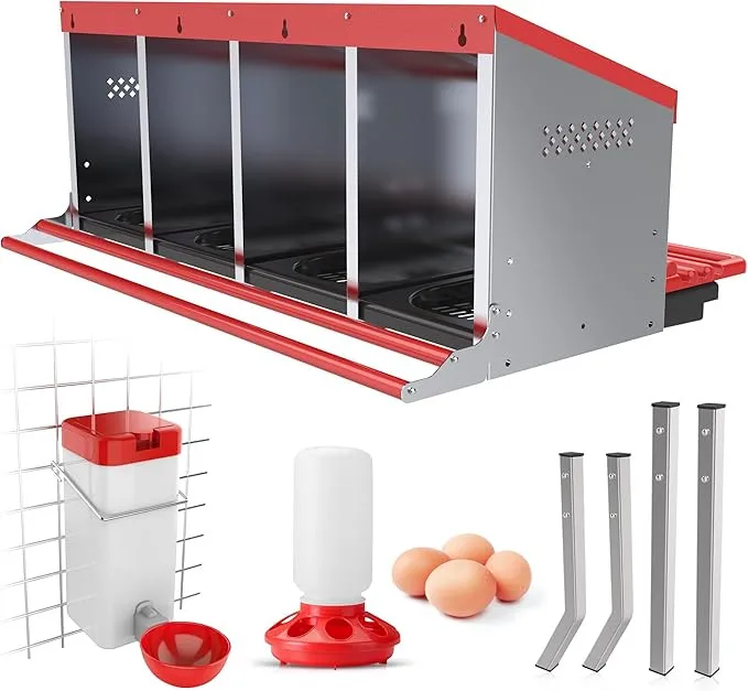 

4 Hole Chicken Nesting Box for Laying Eggs Coop and Plastic Nest Roll Out with Perch to 20 Hens with Lid to Protect Eggs.