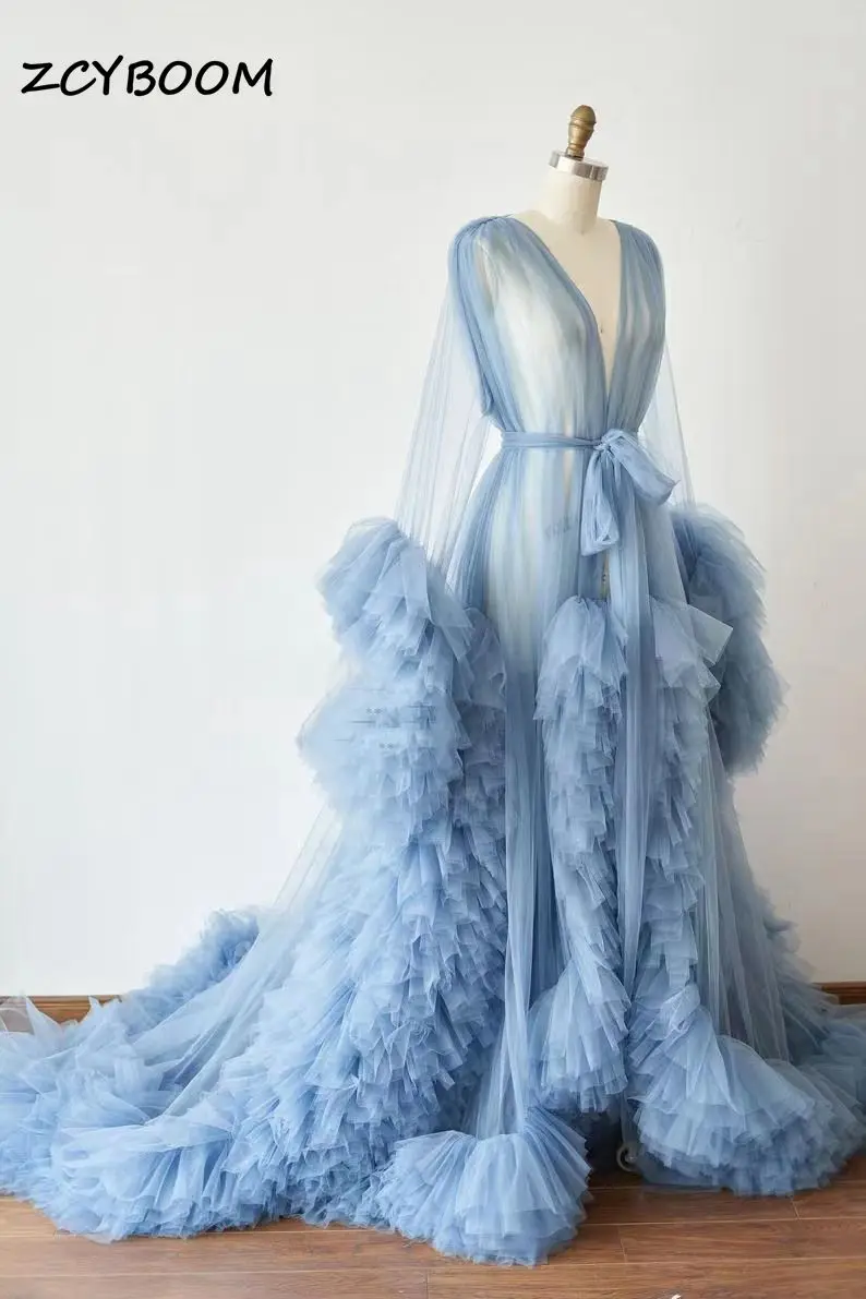 

Charming V-neck Court Train Illusion Ruffled Edge Full Sleeves Pleat Maternity Evening Dress Fasion 2024 Sexy Prom Dress