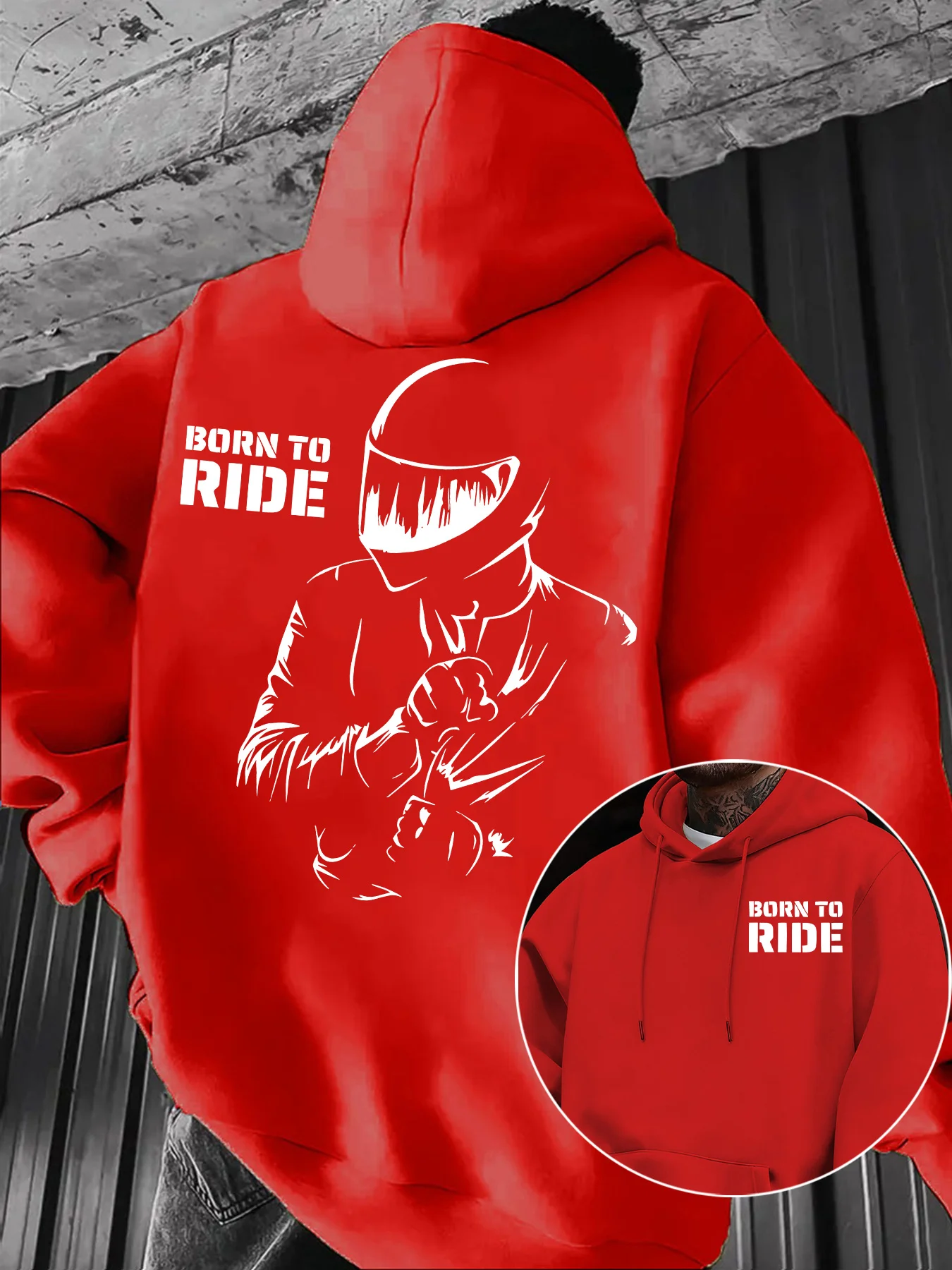 Herren Casual Oversized Kapuzenpullover Schwarz mit Aufdruck „Born To Ride“ für Motorradfahrer, locker geschnittener Langarm-Pullover. – Detail 5
