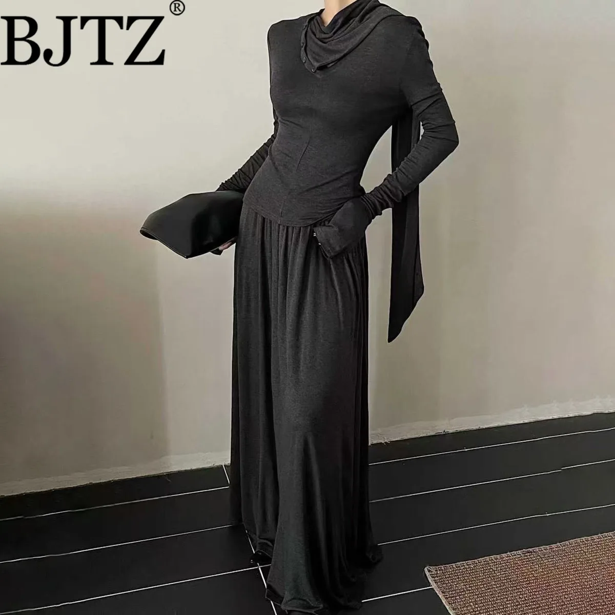 

BJTZ, однотонный, элегантный, вязаный, с хлопковой лентой, дизайнерский тонкий топ + юбка, комплект из двух предметов для женщин, весна-осень 2024, модный новый