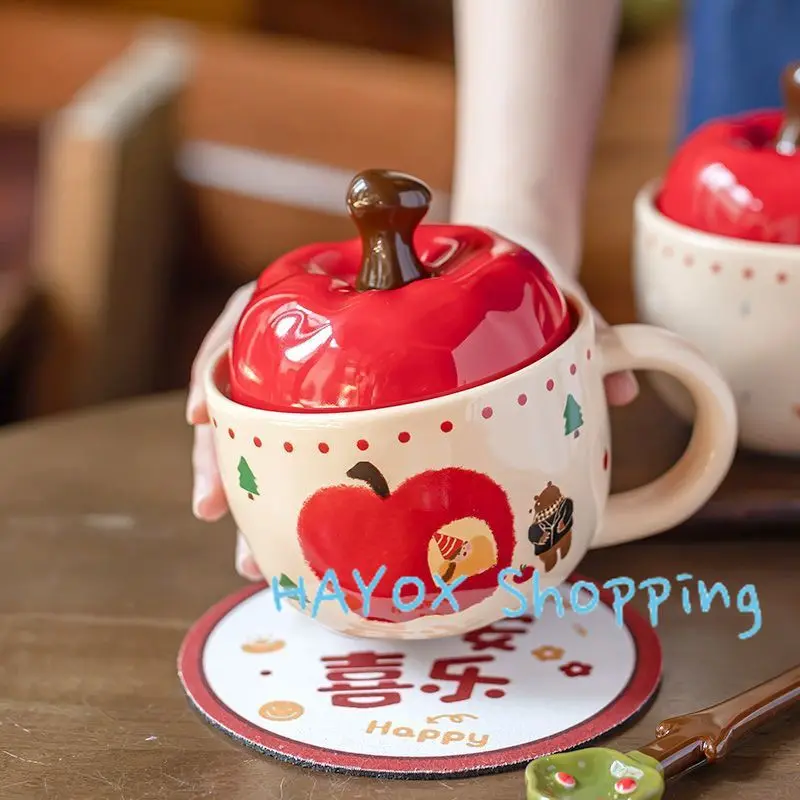 Christmas Apple Ceramic Cup, Vintage Girl\'s Apple Cup with Lid and Spoon Mug，Christmas Gift Coffee Couple Milk Breakfast Mugs