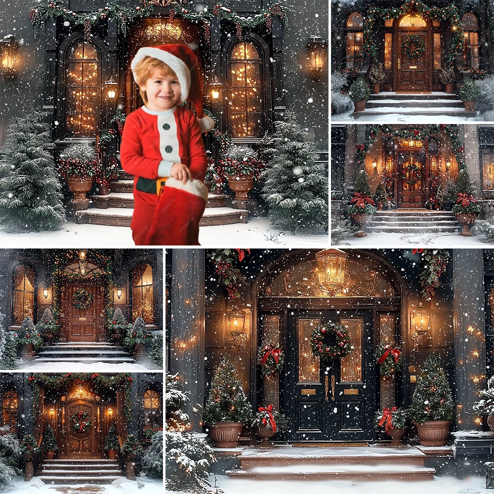 Winter Christmas Photography Background Wooden Door Xmas Gift Garland Decoration Girl Portrait Photo Backdrops Studio Props