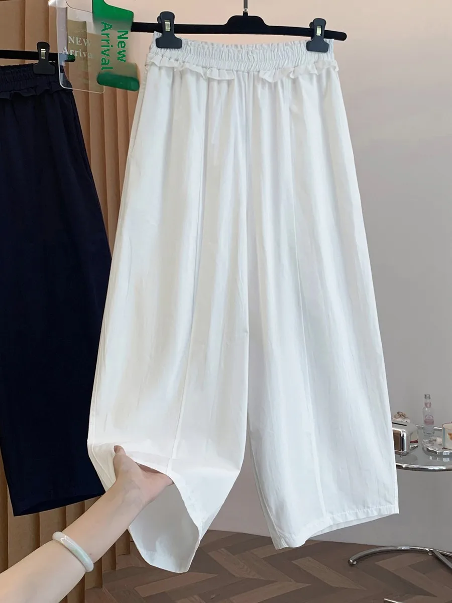 Elegant Cotton Wide Leg Pants Women's Summer Loose Fit Flattering Elastic Waist Casual Trousers Casual Style  Color