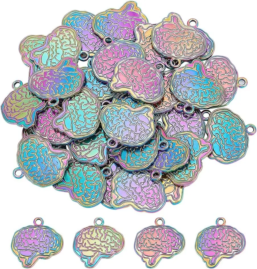 40Pcs 3D Brain Shape Pendant Anatomical Brain Charm Human Anatomy Pendant Rainbow Color Alloy Charm Dangle Charm Supplie