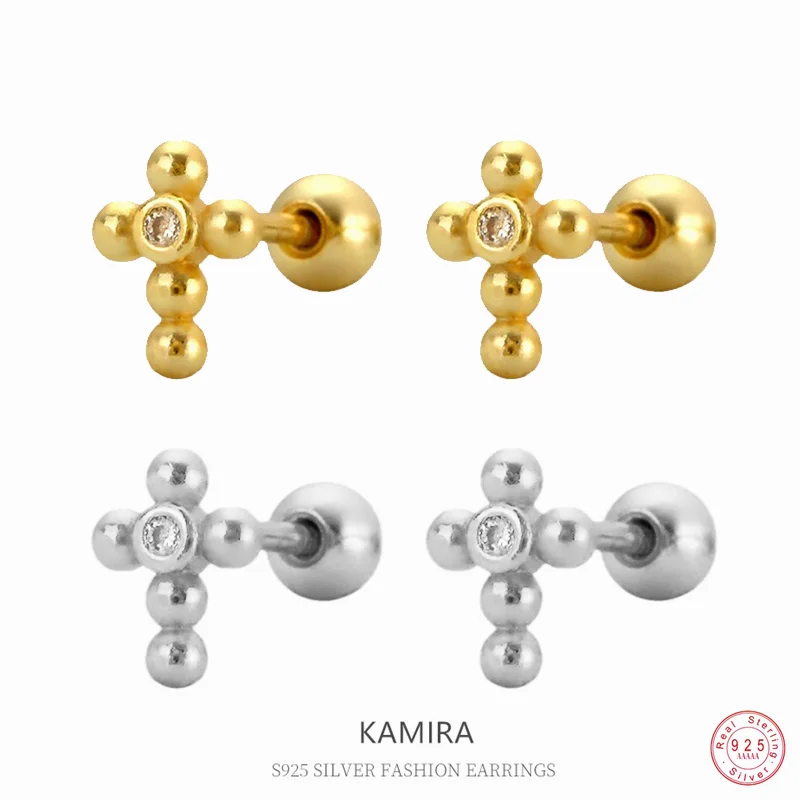 KAMIRA 925 Sterling Zilver Vintage Kruis Kralen Oorbellen voor Vrouwen Banket Charms Piercing Spiraal Schroef Oorbellen Delicate Sieraden