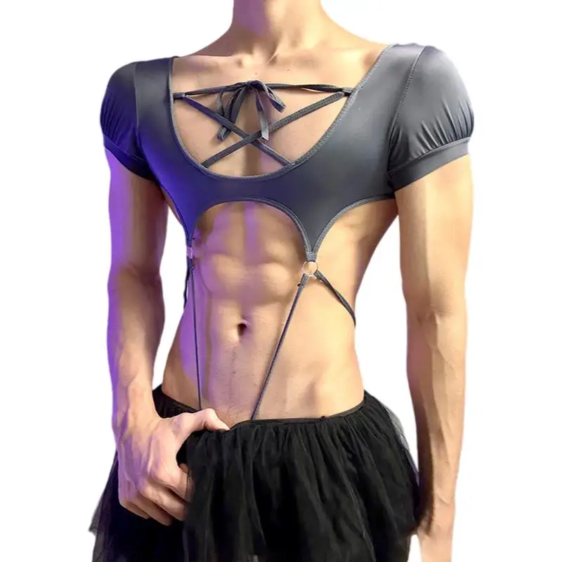 Men's Hollow Straps T-shirt  Tight Fit Sports Tank Sexy Open Bodysuit Men WomenSlim Backless Sexy Club Party Trend Clothing