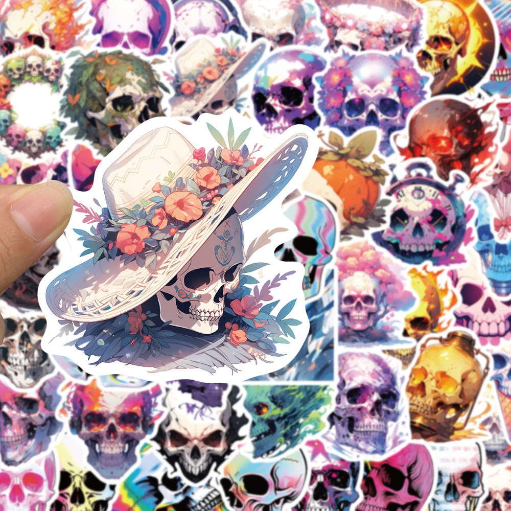 Halloween Horror Laser Skull com adesivos legais, Decalques estéticos dos desenhos animados, Skate, Laptop, Carro, Adesivo impermeável, 10 pcs, 30 pcs, 50pcs