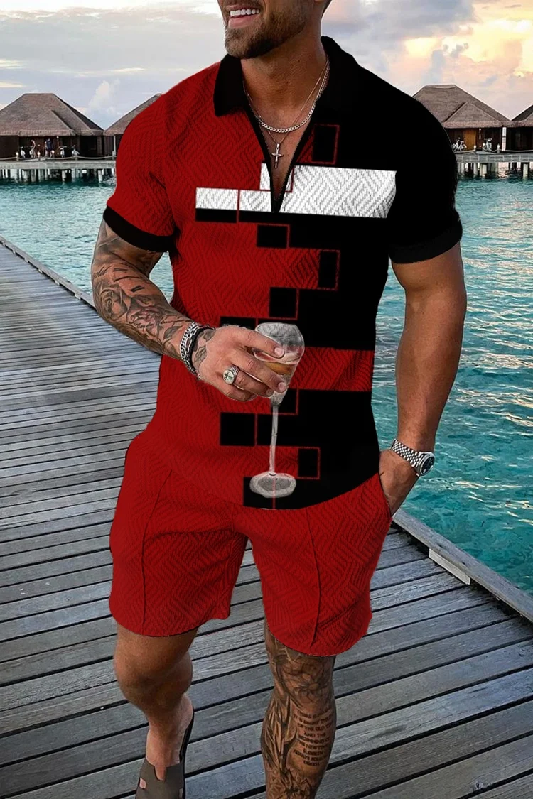 Spring and Summer Men's Suit Polyester Jacquard Craft  Casual  Fashion Red Polo Shirt   Zipper Two Piece Set