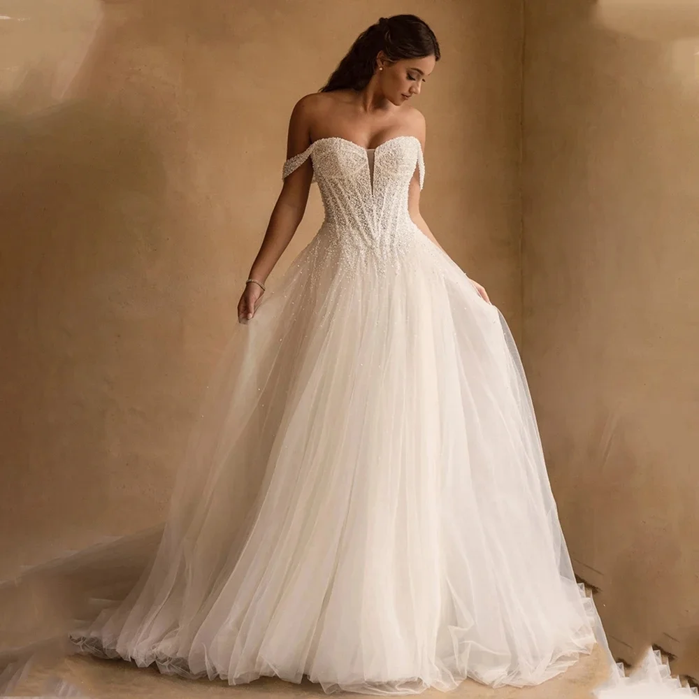 

2026 New Elegant Beaded Sequined Deep V-Neck Tulle A-Line Wedding Dress Customizable
