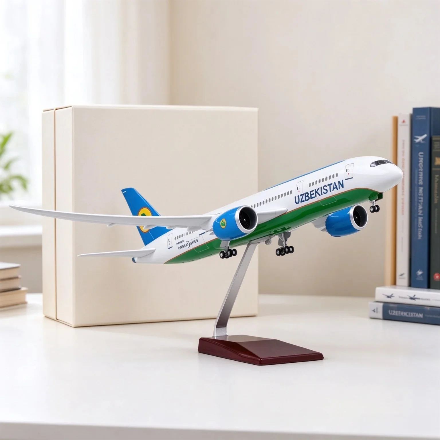 43cm 1/130 Scale Uzbekistan Airways B787 Airplane Models Resin Diecast Aircraft With Landing Gear & Stand Aviation Fans Souvenir