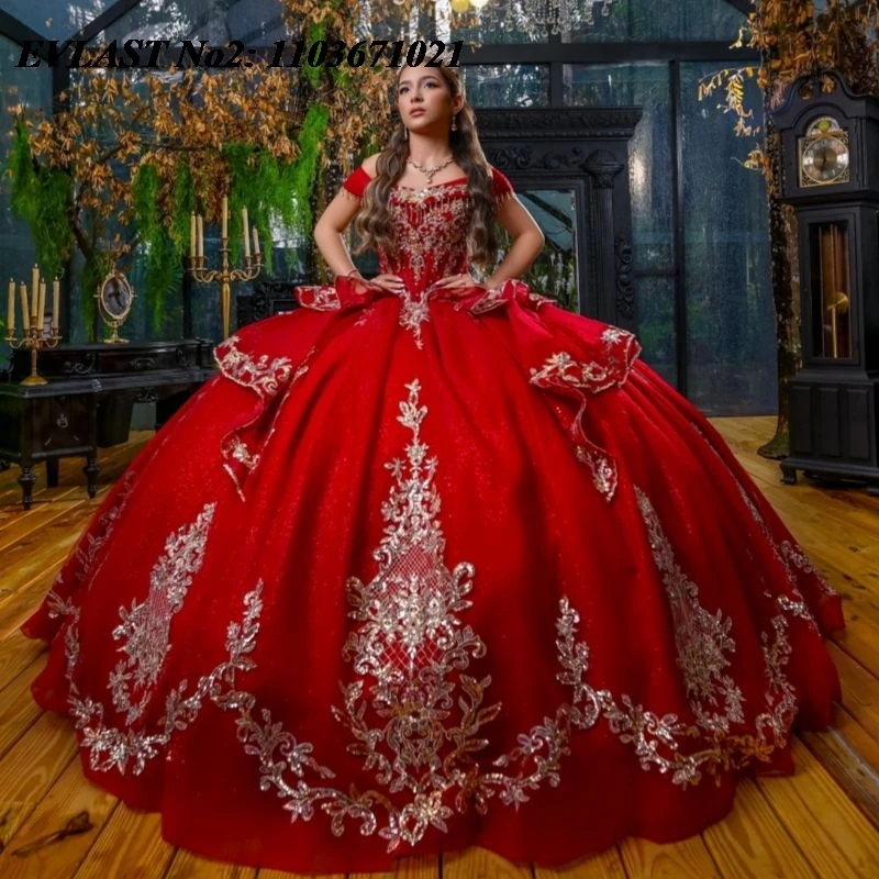 

EVLAST индивидуальное блестящее красное платье Quinceanera, бальное платье с блестящей золотой аппликацией и бантом из бисера, милое платье 16, Vestidos 15 Anos E2QA172