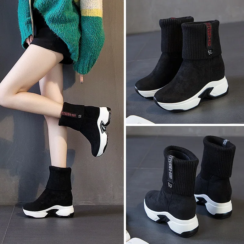 High-top Knitted Socks Shoes Women's New Autumn Winter Booties Joker Inner Height Platform Wedges Woman Plush Warm Modern Boots