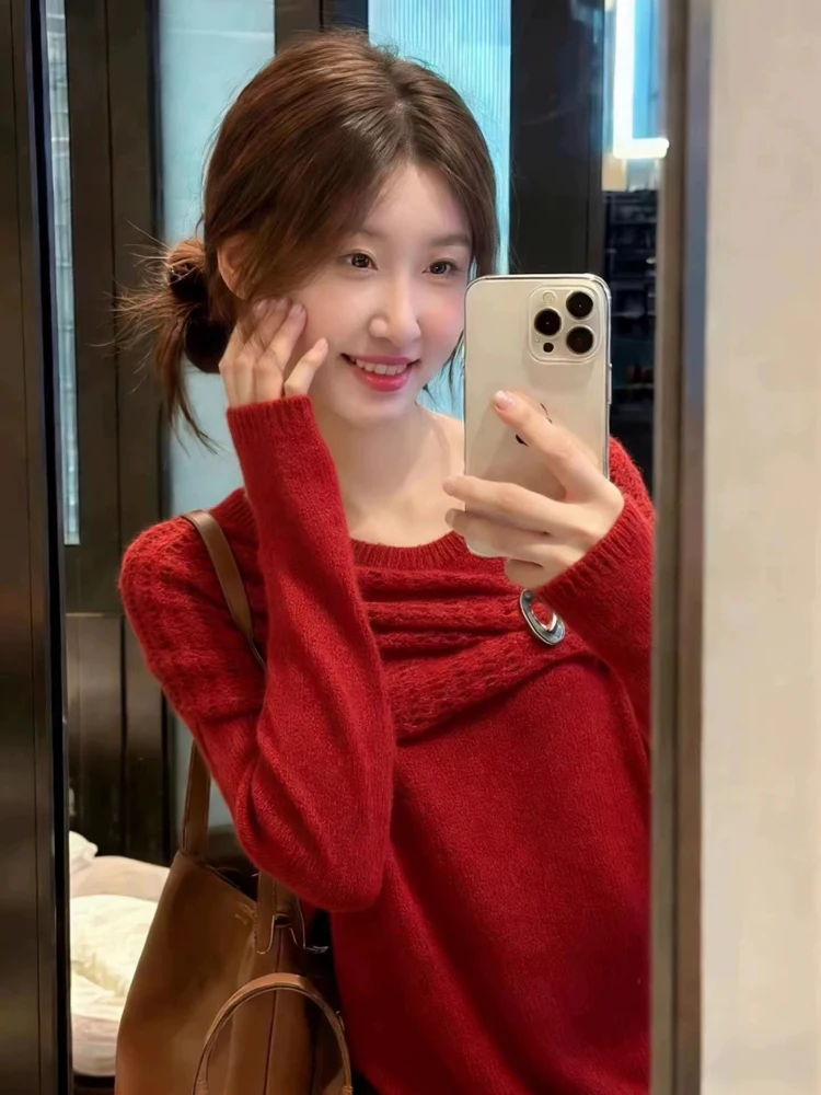 

Корейский мягкий уютный вязаный свитер-худи для женщин, красивый и стильный, с драпировкой на плечах, высокое качество, длинный рукав, полиэстер...