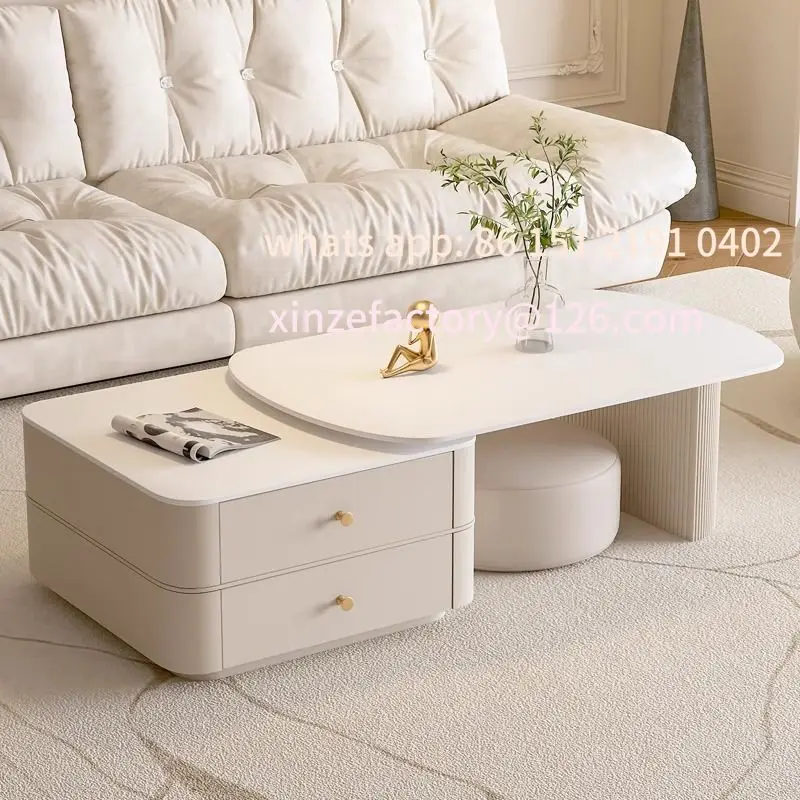 

Customizable pure white rock slab coffee table light luxury modern simple oval retractable