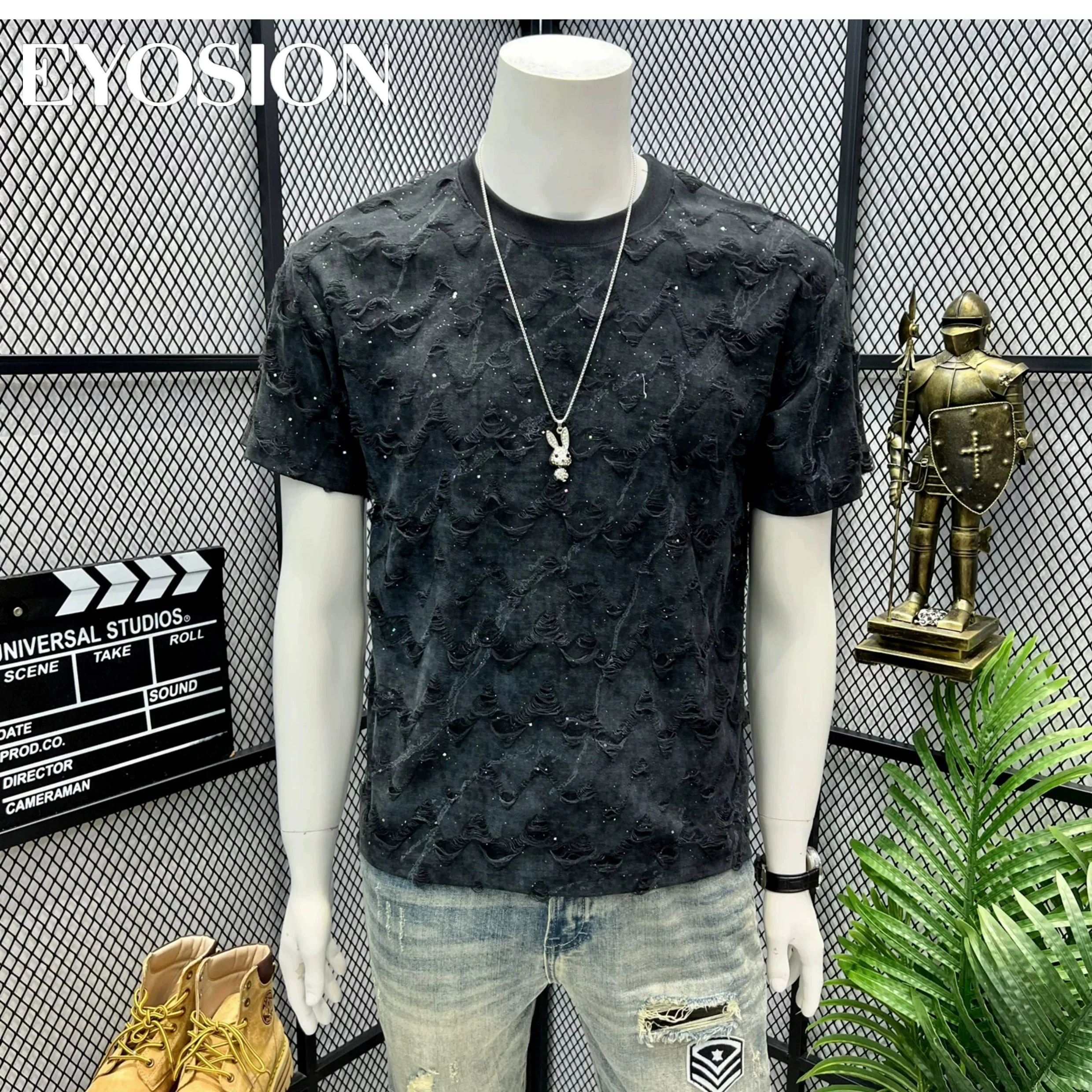 Summer Men T-shirt Distressed Ripped Tie Dyeing Star Broken Hole Short Sleeve Harajuku Streetwear High Quality Cotton Tee Tops