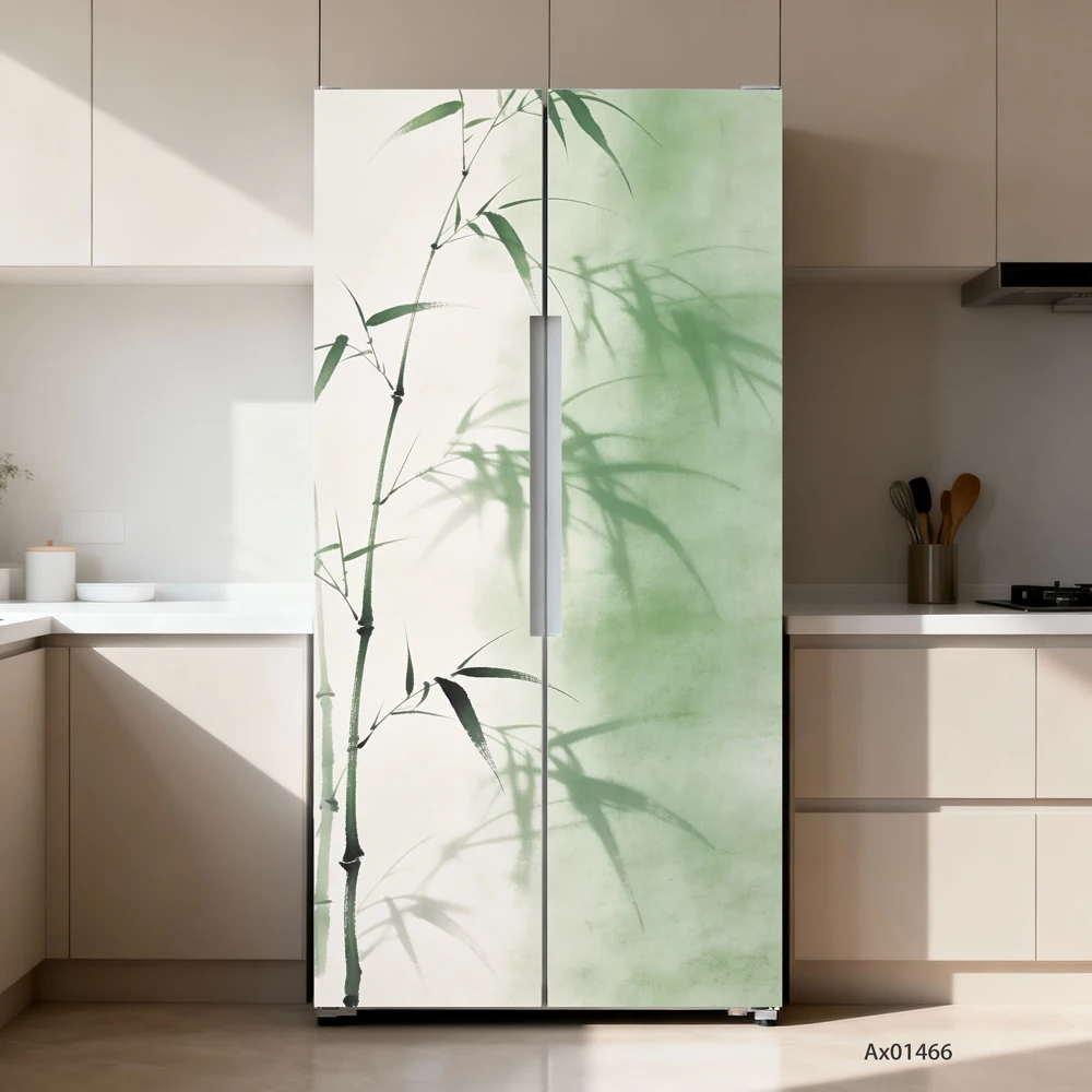 Oriental Ink Bamboo Art Fridge Wrap Stickers Waterproof Aesthetic Vinyl Sticker Kitchen Refrigerator Home Door Poster Decals - Detail 1