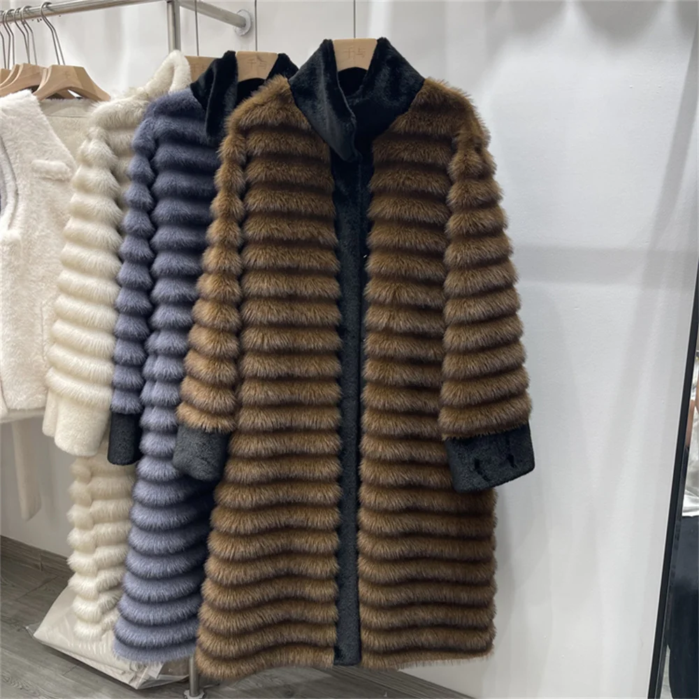 Winter Long Striped Fluffy Faux Mink Fur Coat Women Stand Collar Warm Long Trench Coats Fashion Fluffy Plush 2024 Outerwear