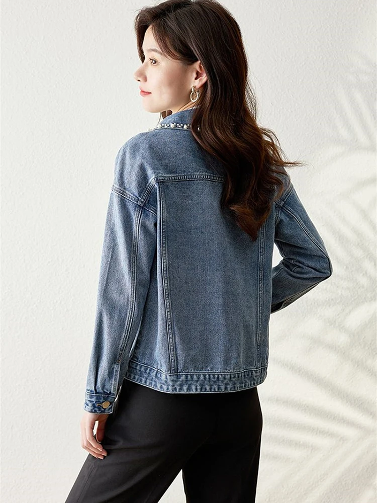 Veste courte en denim perlé pour femme, manteau en jean bleu, vestes d'automne décontractées, streetwear coréen, printemps, 2024