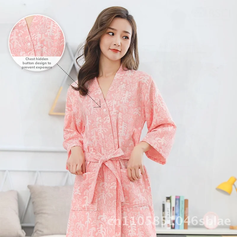 Двухслойный марлевый халат из чистого хлопка - впитывающее быстросохнущее полотенце для мужчин и женщин, ночная рубашка из цельного хлопка, пижама, синий, розовый Двухслойный марлевый халат из чистого хлопка - впитывающее быстросохнущее полотенце для мужчин и женщин, ночная рубашка из цельного хлопка, пижама, синий, розовый