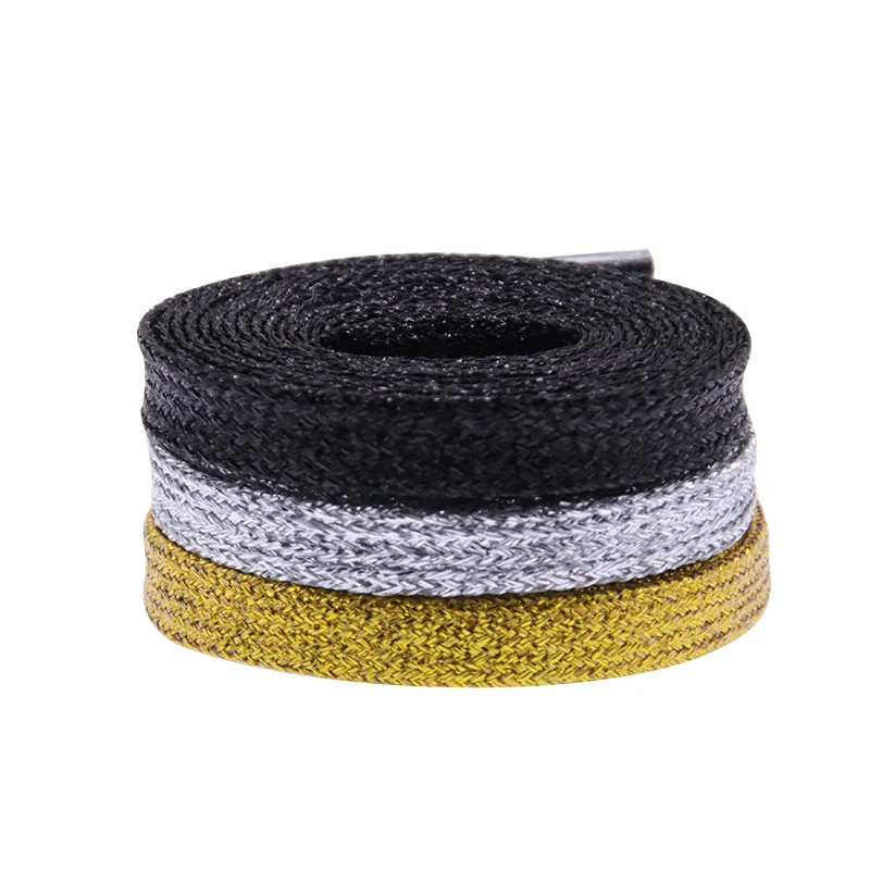 7MM Coolstring 3 Colors Flat Type Top Metallic Polyester Shoelaces Men Women's Shoe Sneaker Golden Black Sliver Top Quality Cord