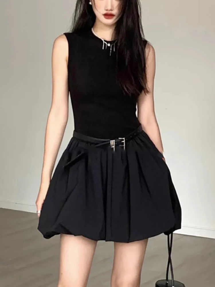 Vintage Mini Dress Women Sexy Backless Pleated Dresses Elegant Summer 2024 Sleeveless Dress Korea Fashion Street Lady Robe Beach