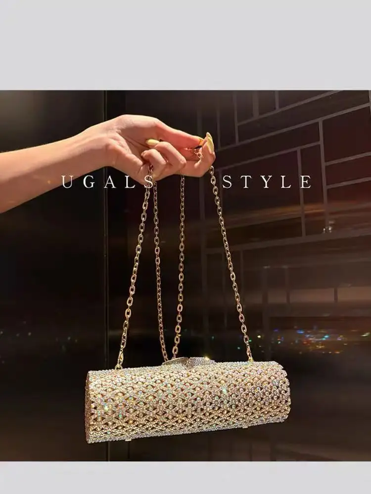 Luxury Metal Cylinder Clutch Purse Crystal Rhinestones Diamond Evening Bag Glitter Shiny Women Handbag Fashion Shoulder Bag