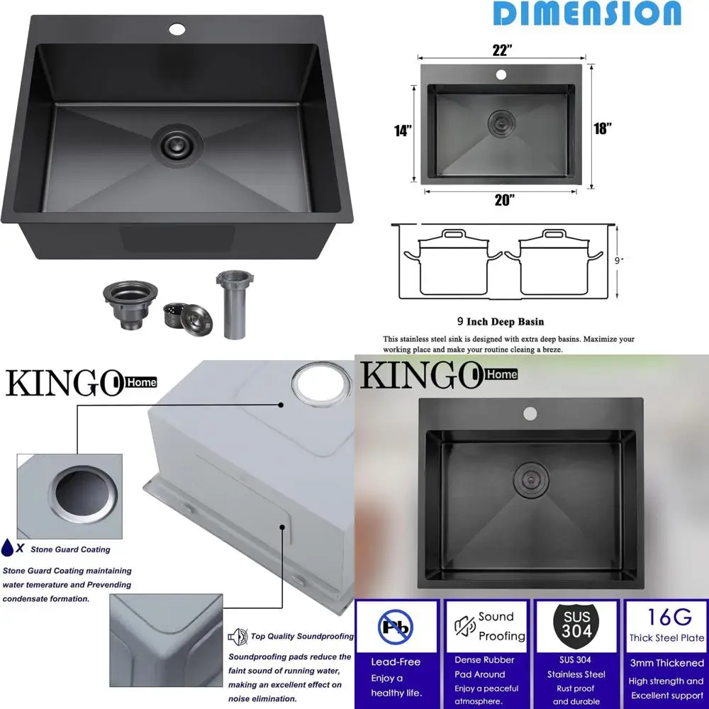 

Stainless Steel 22x18 Inch Drop-In Kitchen Sink, 16 Gauge RV Outdoor Prep Single Basin for Small Kitchen Bar