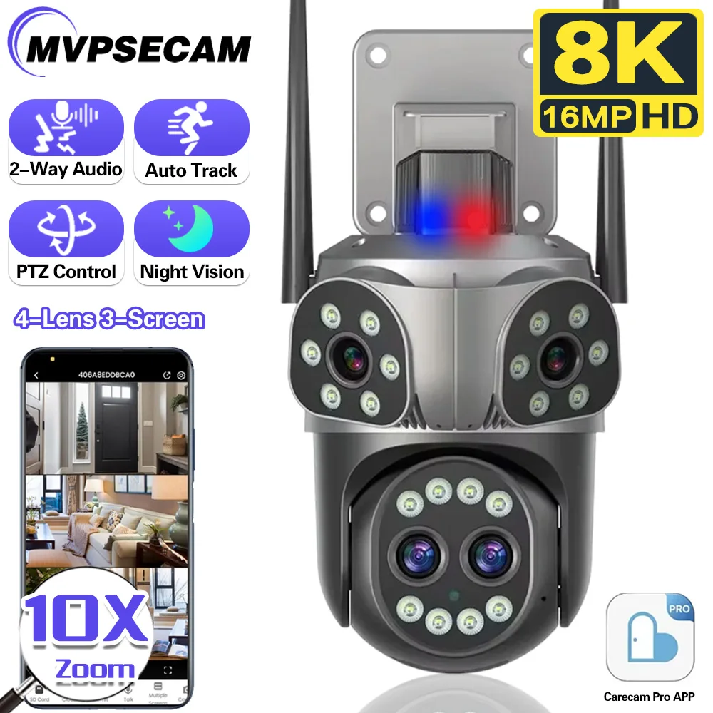 

16MP 8K IP Camera Four Lens Wireless Security Protection 10X Zoom Auto Tracking Outdoor PTZ Smart Home CCTV Video Surveillance