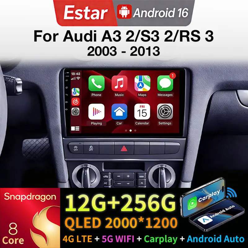 Android 16 Car Radio For Audi A3 2 8P 2003 - 2013 S3 2 2006 - 2012 RS3 1 2011 2012 GPS Carplay Multimedia Player QLED Navigation